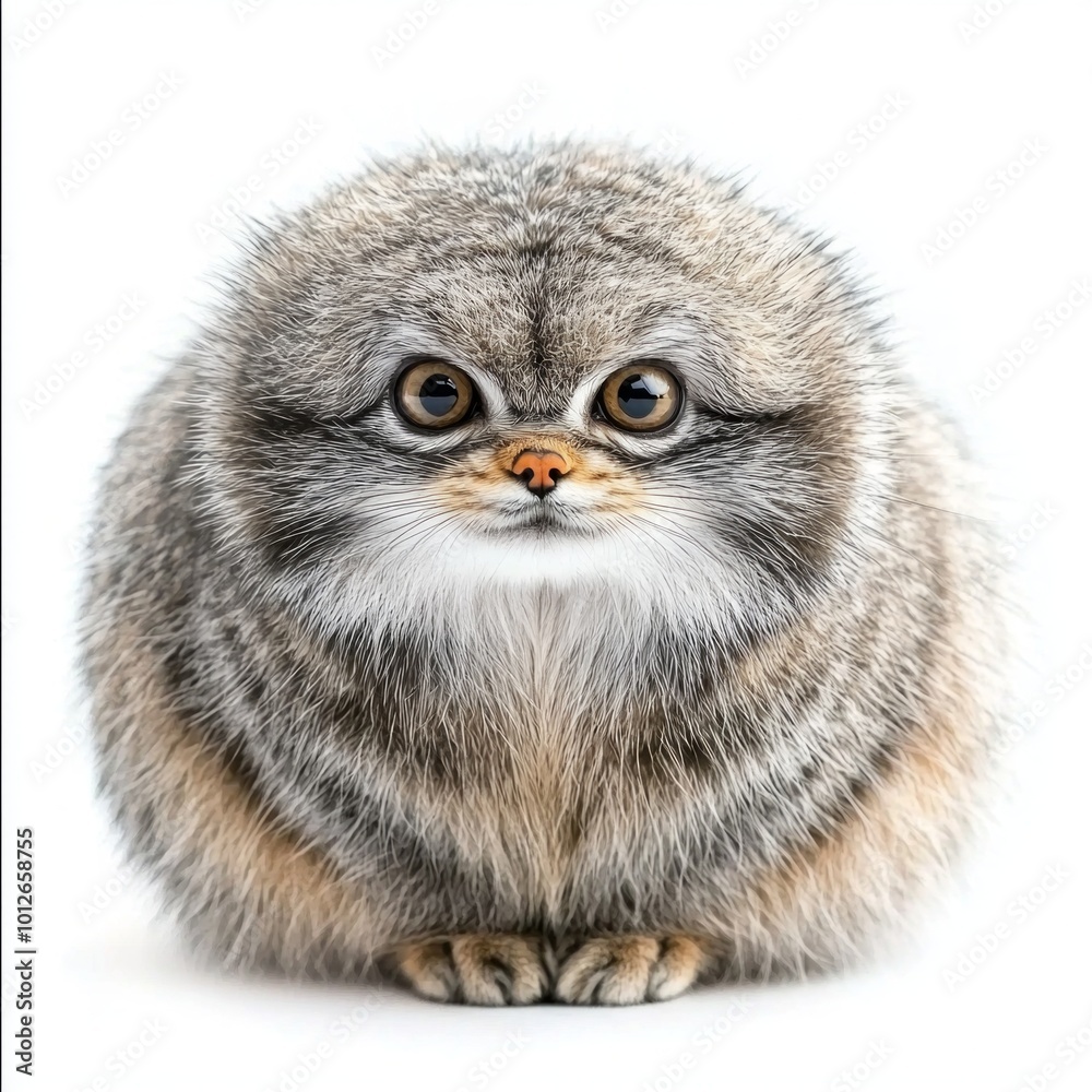 Naklejka premium charming Pallas's cat is captured in a close-up, displaying its fluffy fur and expressive eyes. This captivating feline’s round face adds to its adorable charm and unique appearance.