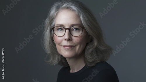 A portrait of a mature, middle-aged woman with glasses, wearing a subtle smile. She radiates warmth and wisdom against a soft grey background, perfect for inspirational content