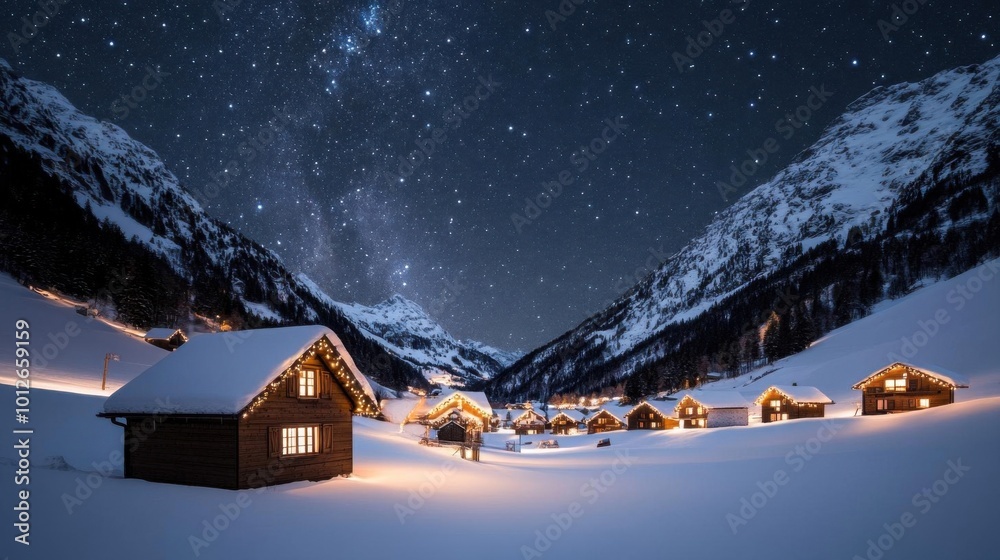 Fototapeta premium Snowy village nestled in the valley
