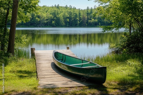 Green canoe docked on wooden pier at cottage on sunny summer day photo