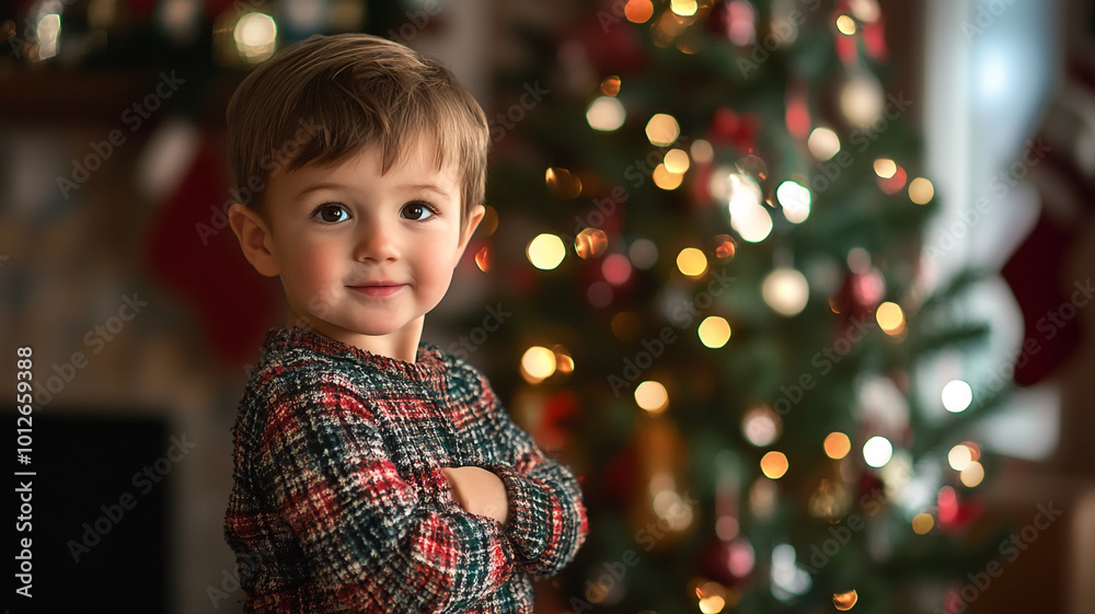 A joyful child smiling in front of a beautifully decorated Christmas tree at home A joyful child smiling in front of a beautifully decorated Christmas tree at home