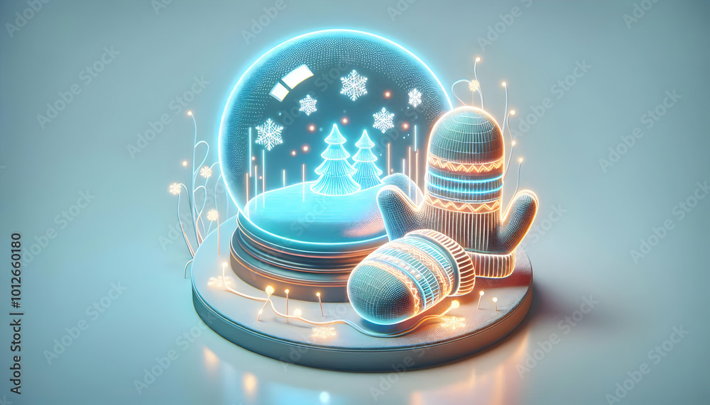 Fototapeta premium 3D Holographic Snow Globe with Glowing Mittens on White Background - Cozy Winter Feel with Ample Copy Space for Text, Wide Angle Focus on Floating Globe and Mittens