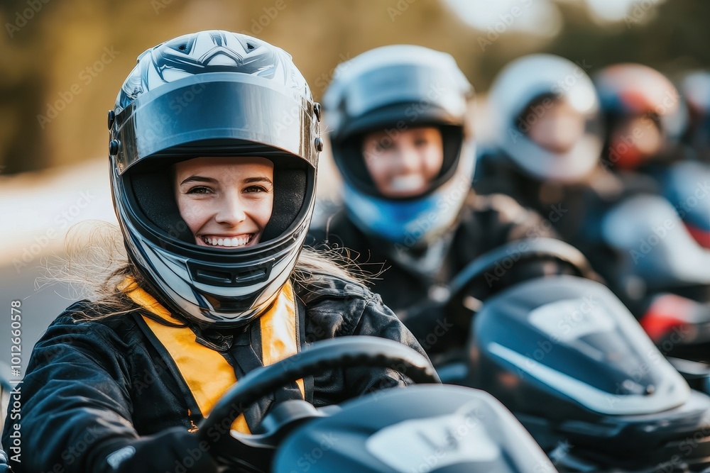 Group of joyful individuals in helmets racing go karts at track Group of joyful individuals in helmets racing go karts at track