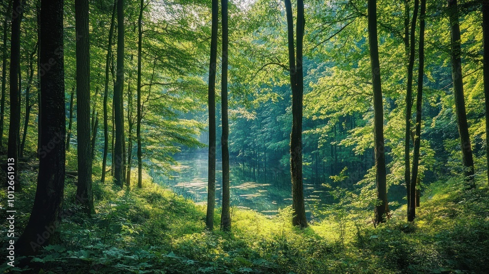 Fototapeta premium Forest Scene With Lake