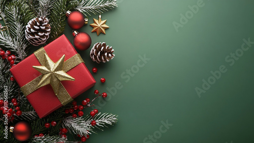 A beautifully wrapped Christmas gift surrounded by festive decorations on Christmas Day