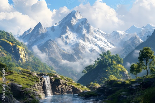 Majestic Mountain Landscape with Waterfall