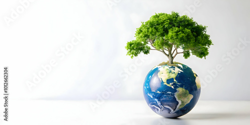 Flat Plain Globe with Growing Tree Symbolizing Global Community Growth in ESG Business - Simple Vector Illustration with Ample Copy Space