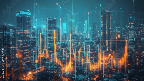 Futuristic city skyline with glowing lines and data visualization.