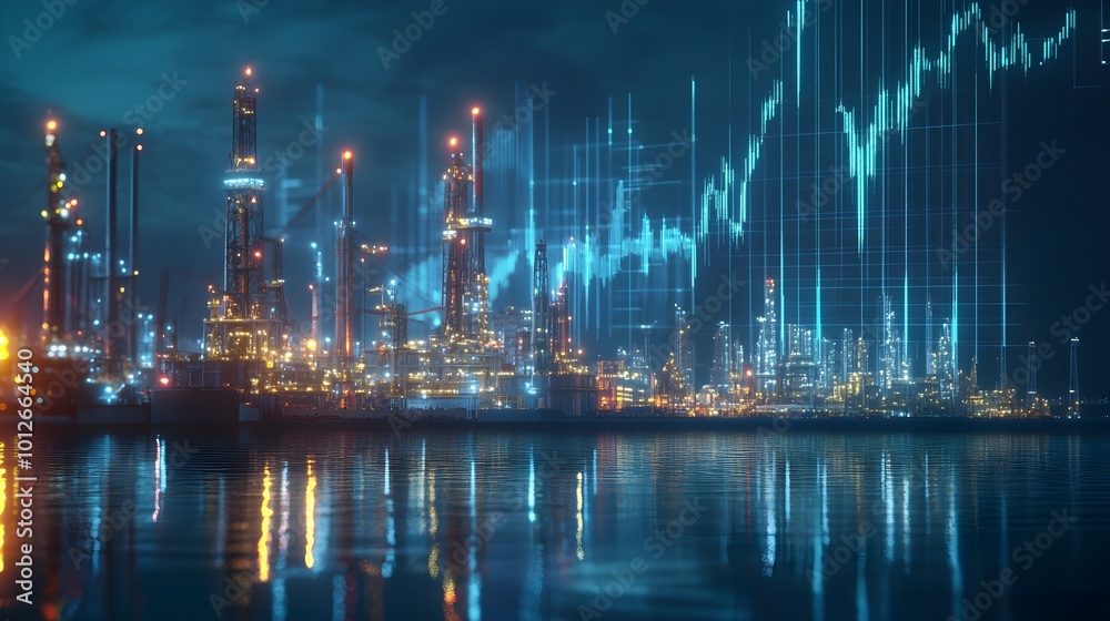 Fototapeta premium A graph showing rising oil prices alongside a backdrop of oil rigs and refineries, symbolizing the impact of supply and demand on the energy market. 