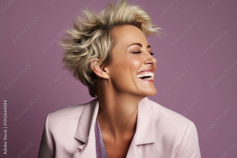 Portrait of beautiful young woman with short blonde hair, isolated on purple background Portrait of beautiful young woman with short blonde hair, isolated on purple background