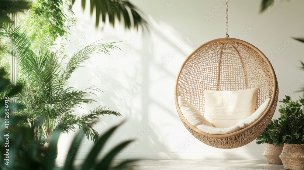 Obraz premium cozy wicker chair suspended in a bright, sunlit indoor garden, surrounded by lush green plants, creating a relaxing and serene atmosphere for rest and tranquility.