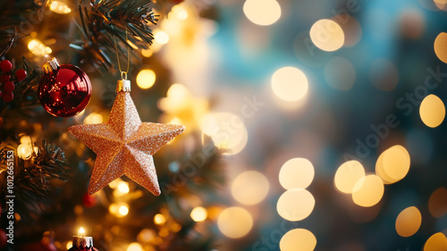 Sparkling star decoration on a Christmas tree illuminated by warm holiday lights