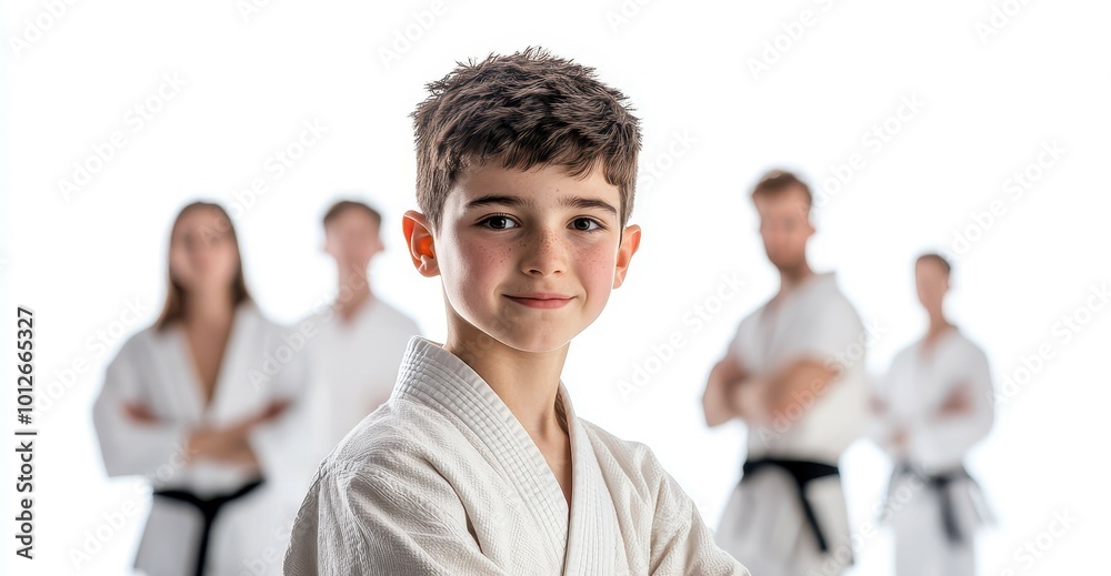Obraz premium Karate boy in front others exercising in background white background