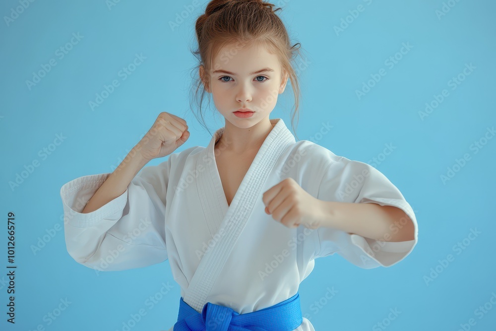Karate girl training in studio with blue belt looking at camera Karate girl training in studio with blue belt looking at camera