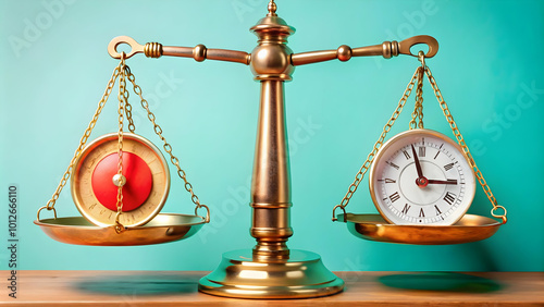 Vector illustration of a balanced scale featuring a clock and money symbolizing the importance of time management for work-life balance and productivity, ideal for infographics in photo stock.