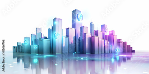 Holographic currency symbols floating above a glowing cityscape with copy space concept as An image of a holographic cityscape with glowing currency symbols floating above; set against a glossy hologr