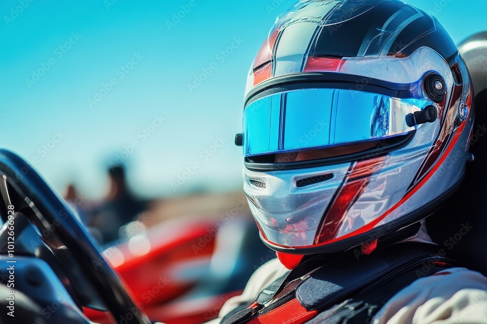 Karting racer sits in car with helmet on a sunny day Karting racer sits in car with helmet on a sunny day