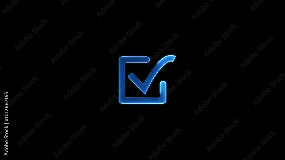 Glowing neon light check mark icon ,on the black background . Glowing neon light check mark icon ,on the black background .