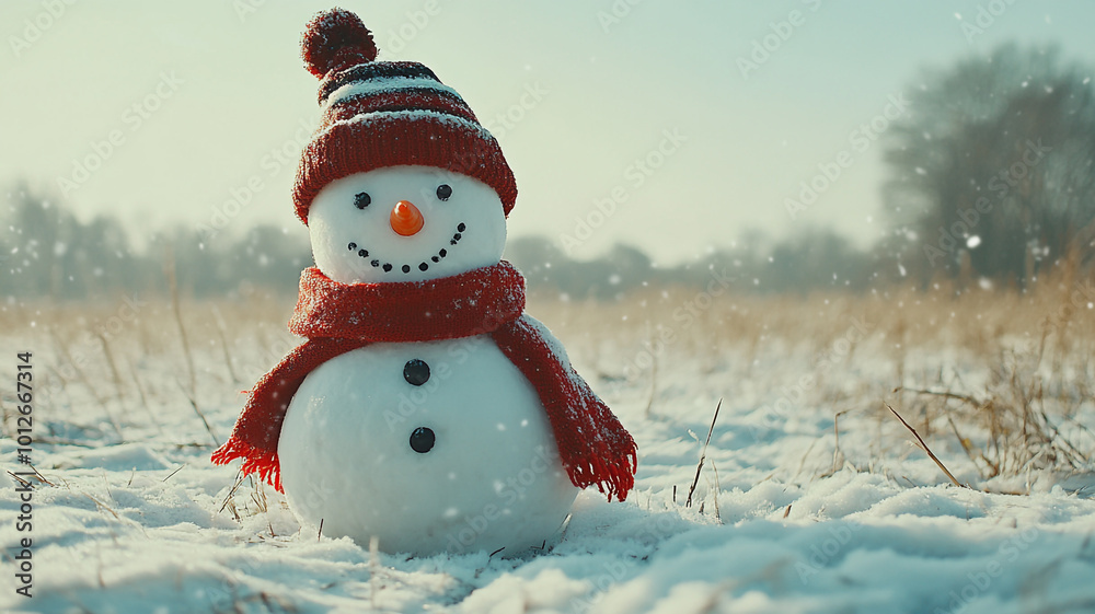 Obraz premium Joyful snowman wearing a red scarf and hat stands in a snowy field on Christmas Day