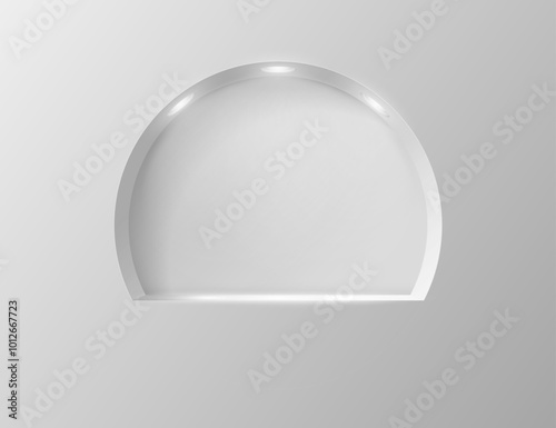Empty round niche in the wall with lighting, showcase or stand in minimalist style. Vector 3D illustration.