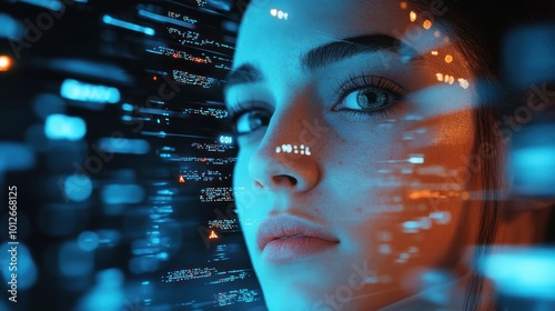 A woman's face on a computer screen with lots of lights and numbers