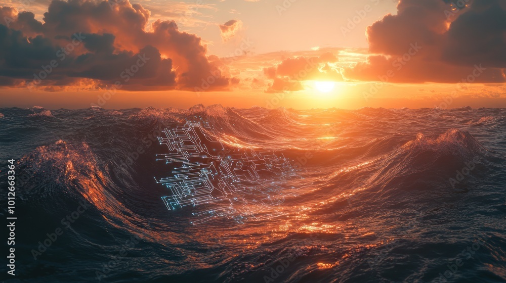 Obraz premium Digital Sunset Over Ocean