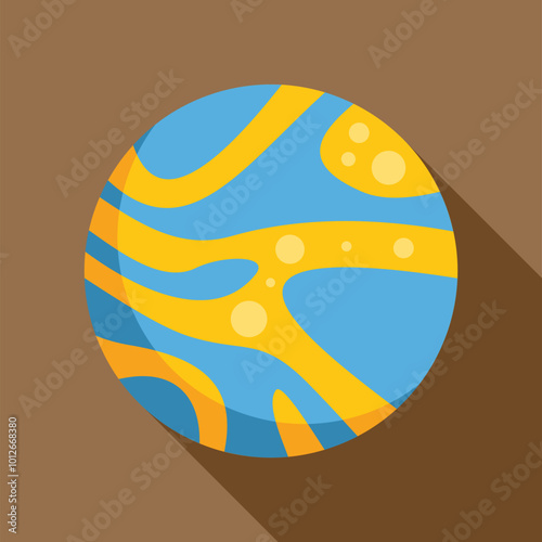 Cartoon blue planet with yellow spots is orbiting in the space on brown background
