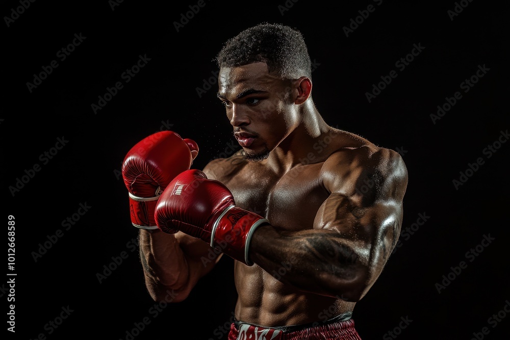 Kickboxing sportsman in intense portrait on black background