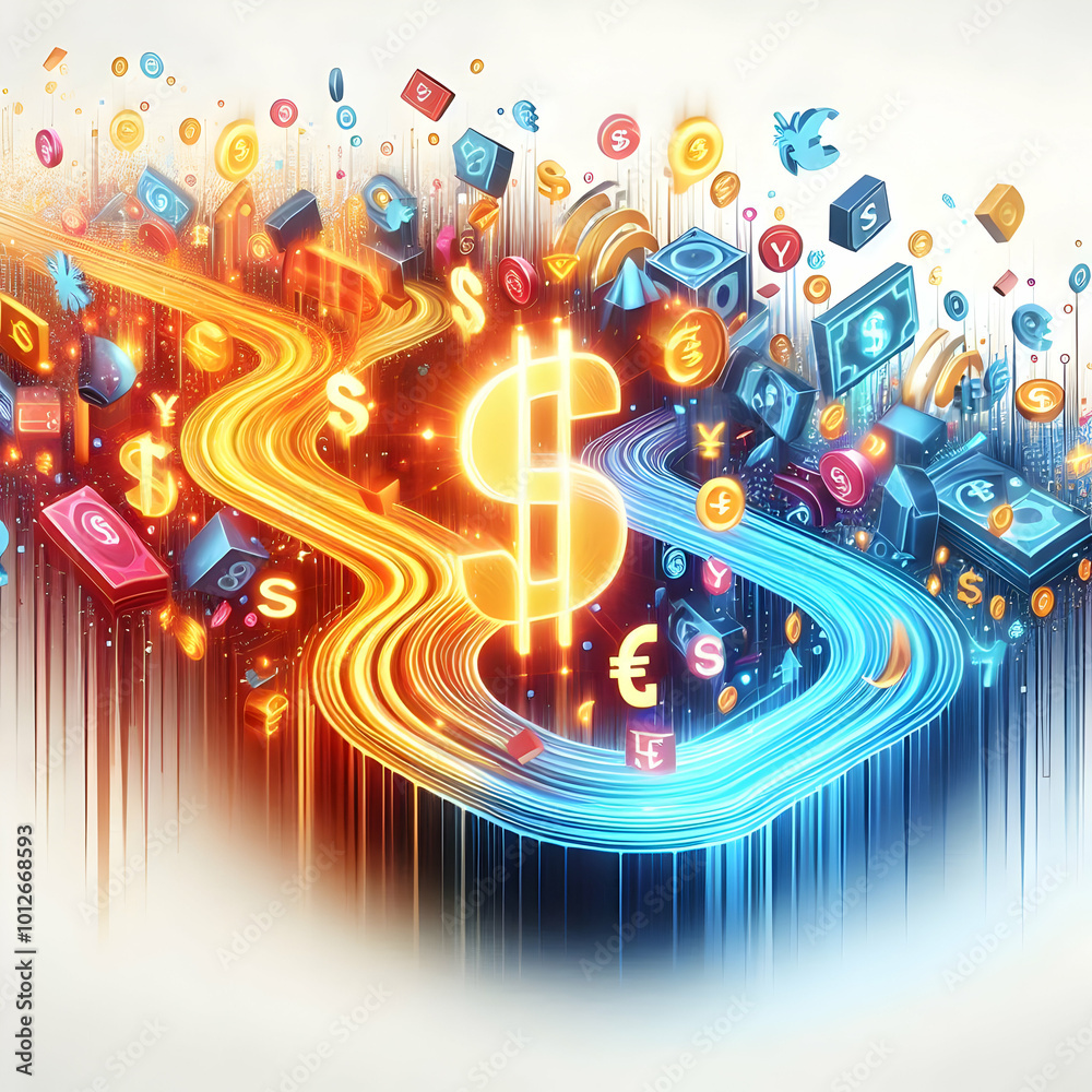 Fototapeta premium 3D Glowing Abstract Cash Flow Art with Bright Currency Icons for Financial Marketing - Digital Finance Concept with Isolated Icon on White Background