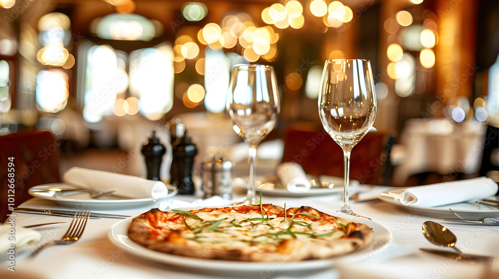 Fototapeta premium Gourmet pizza and wine on a rustic outdoor dining table