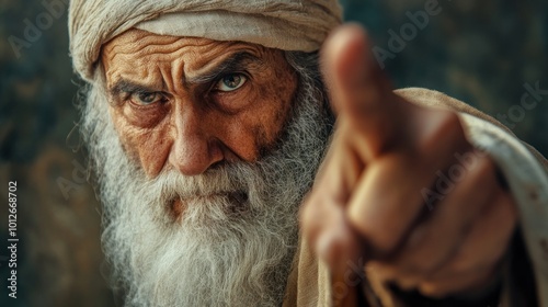 An old prophet and messenger of God pointing the finger and warning people of their mistakes