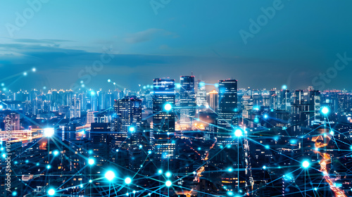 A futuristic city glowing with energy-efficient buildings, connected by an intelligent power grid with dynamic data lines, optimizing energy usage across the skyline 