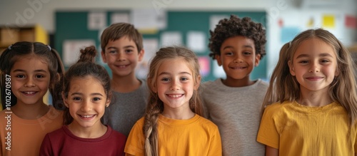 Six diverse elementary school students in a classroom stand smiling for a portrait.