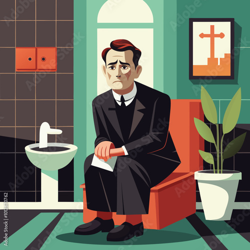 The Weight of Responsibility: A priest sits in a bathroom, burdened by the weight of his calling. The flat color and simple shapes of the illustration evoke a sense of isolation and contemplation.