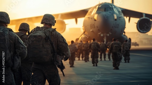 A group of uniformed soldiers board a military transport plane