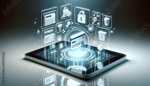 Wallpaper Mural 3D Holographic Tablet with Payment & Promotion Icons - Modern Digital Finance Design on Glossy White Background, Clean Space for Marketing Content Torontodigital.ca