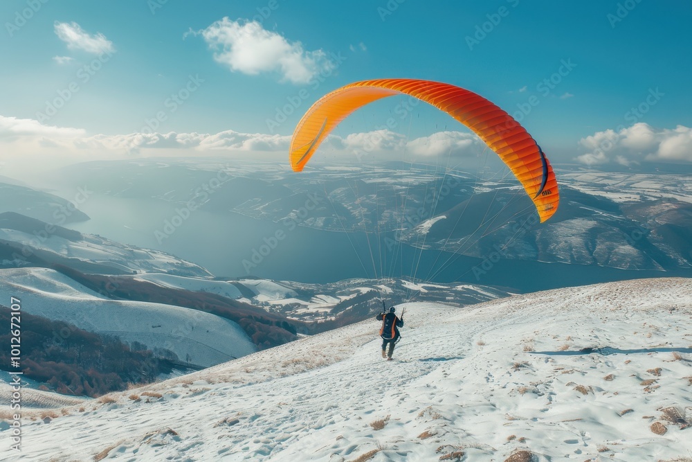 Launching paraglider in sunshine represents freedom Launching paraglider in sunshine represents freedom