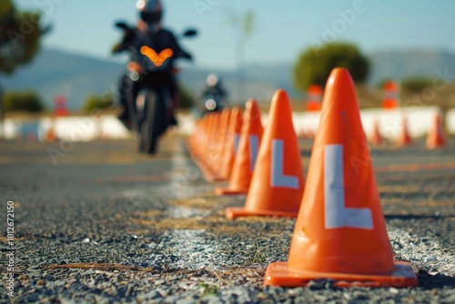 Learning motorcycle skills through close up lessons on a track with cones and a letter L sign at a moto school photo