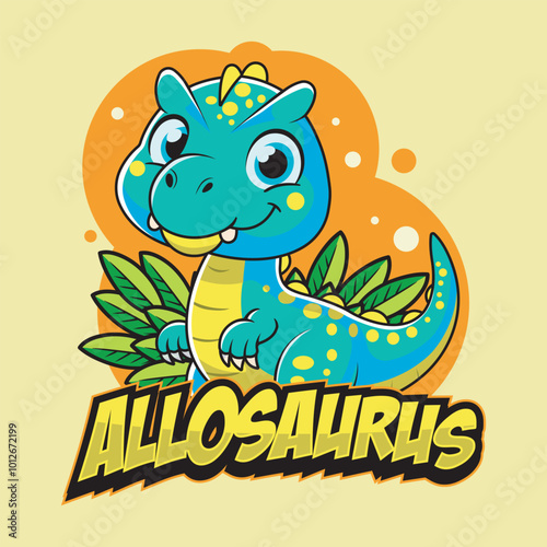 Cute Allosaurus Dinosaur Character Mascot in Hand Drawn Vector Cartoon Illustration Design for kid, sticker, badge, patch, banner, greeting card, invitation