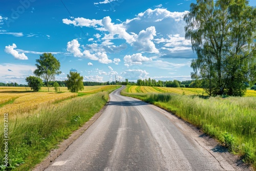 Latvia s sunny summer day shows country asphalt road and fields photo