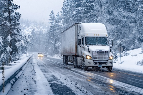 Large white semi truck with grille guard carrying cargo in dry van trailer parked on shoulder of snowy highway near Shasta Lake CA
