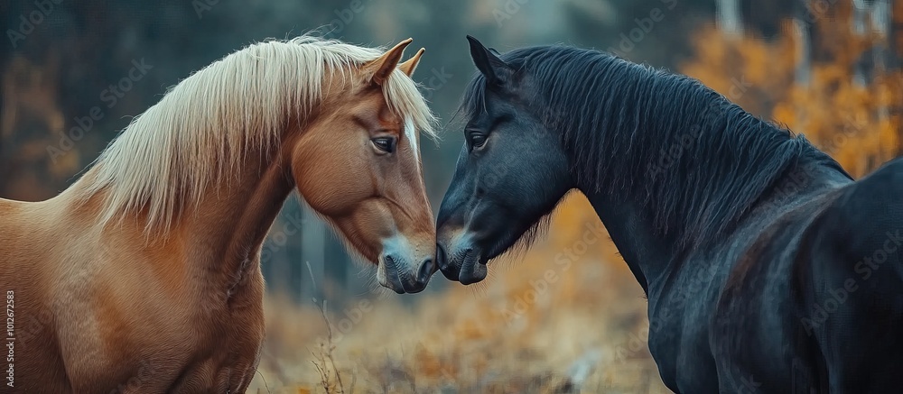 Obraz premium Two Horses Touching Noses in the Woods