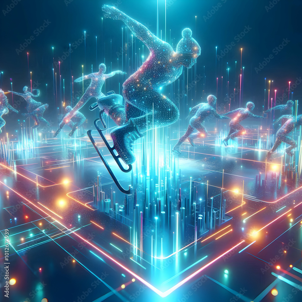 3D Glowing Abstract Ice Rink with Futuristic Digital Skaters - Radiant Winter Scene for Sports Promotions, Engaging Vibrant Lighting Effects & Neon Colors, Ideal for Winter Marketing
