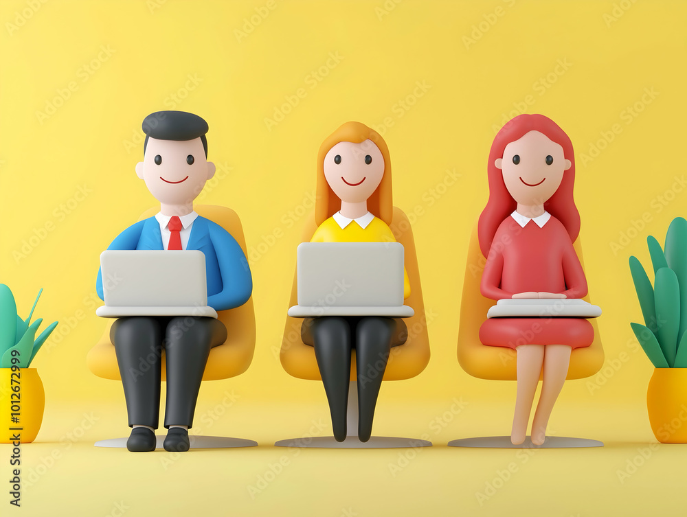 Naklejka premium Three cartoon characters working on laptops, colorful business teamwork concept, yellow background, 3D illustration