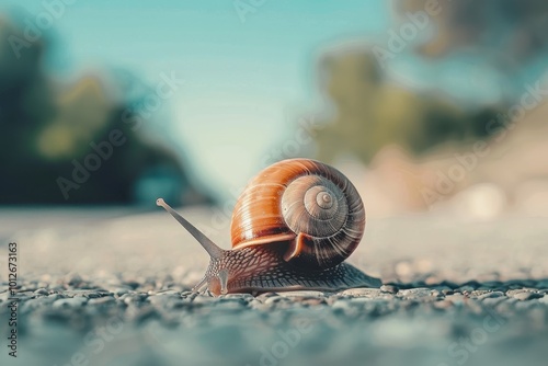 Macro shot of large snail advancing to goal Success progress direction Blank area for text photo