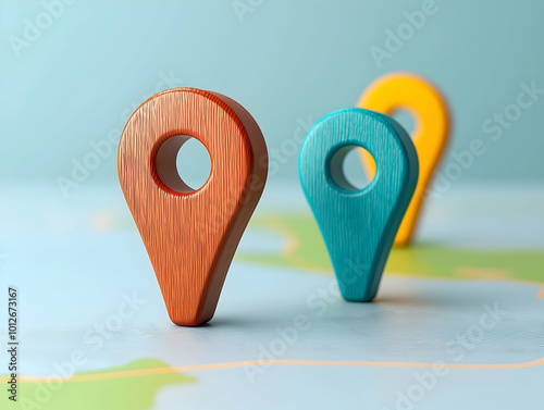 Colorful wooden map pins standing on a world map, navigation and location concept, travel and exploration