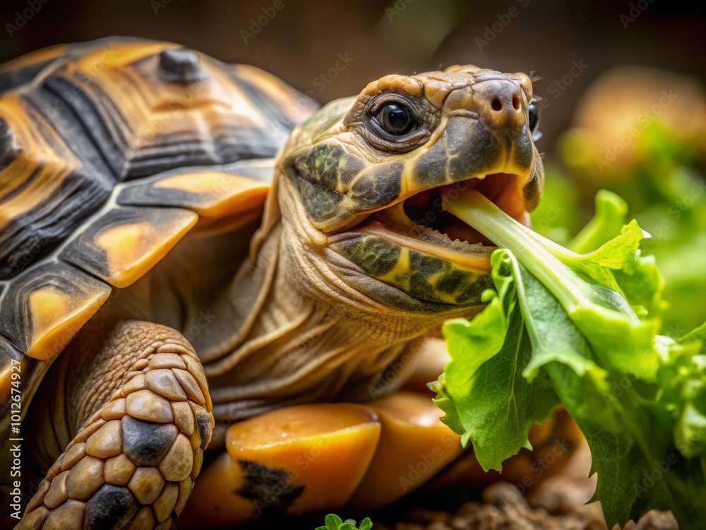 turtle enjoys fresh bite of lettuce, showcasing its vibrant shell and intricate patterns. This moment captures essence of nature and joy of feeding turtle enjoys fresh bite of lettuce, showcasing its vibrant shell and intricate patterns. This moment captures essence of nature and joy of feeding