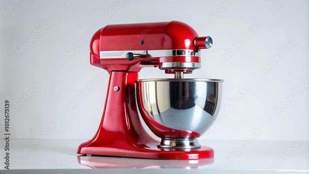 Bright red kitchen mixer with a stainless steel bowl. Bright red kitchen mixer with a stainless steel bowl.