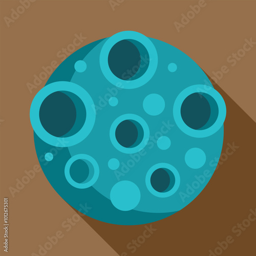 Blue planet with craters casting a long shadow, representing a celestial body in space