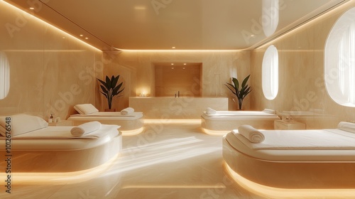 Elegant spa treatment room with soft lighting, shot from a corner perspective, emphasizing relaxation and tranquility 